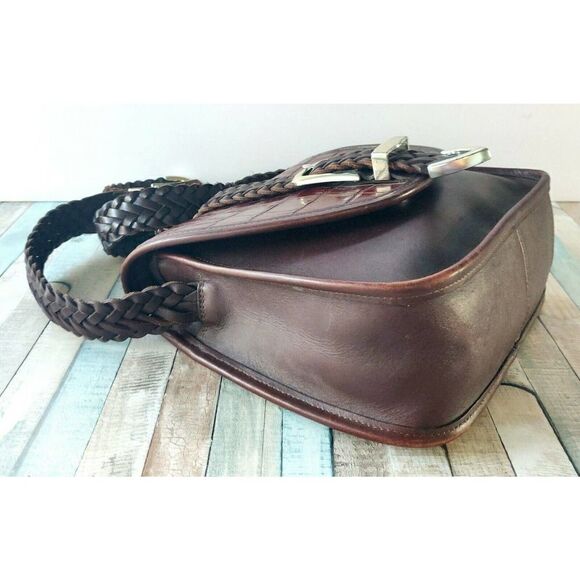 Brighton SADDLE BROWN CROCO GENUINE LEATHER WOVEN STRAP FLAP X-BODY SHOULDER BAG - Picture 8 of 12